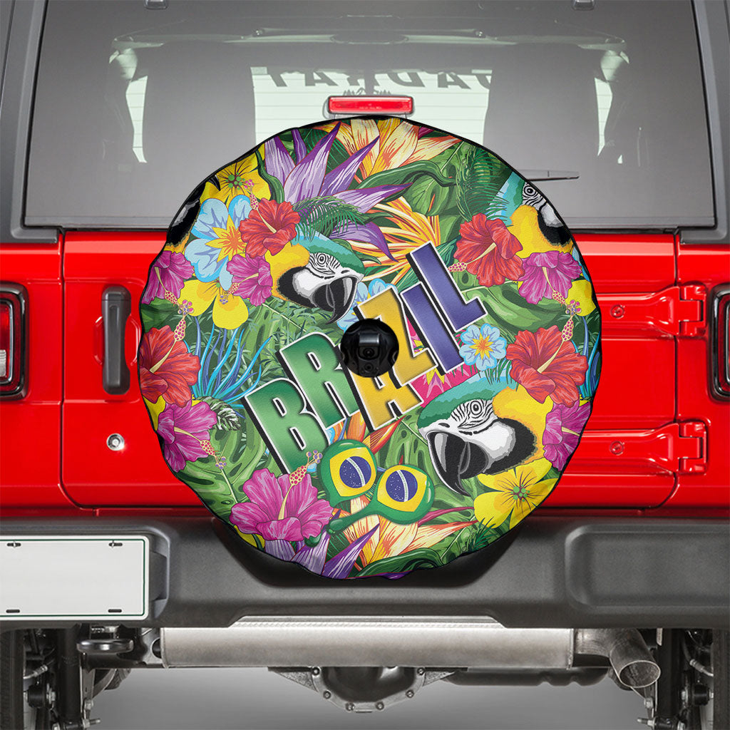 Macaw Parrot Brazil Spare Tire Cover Maracas Seamless Tropical Flowers