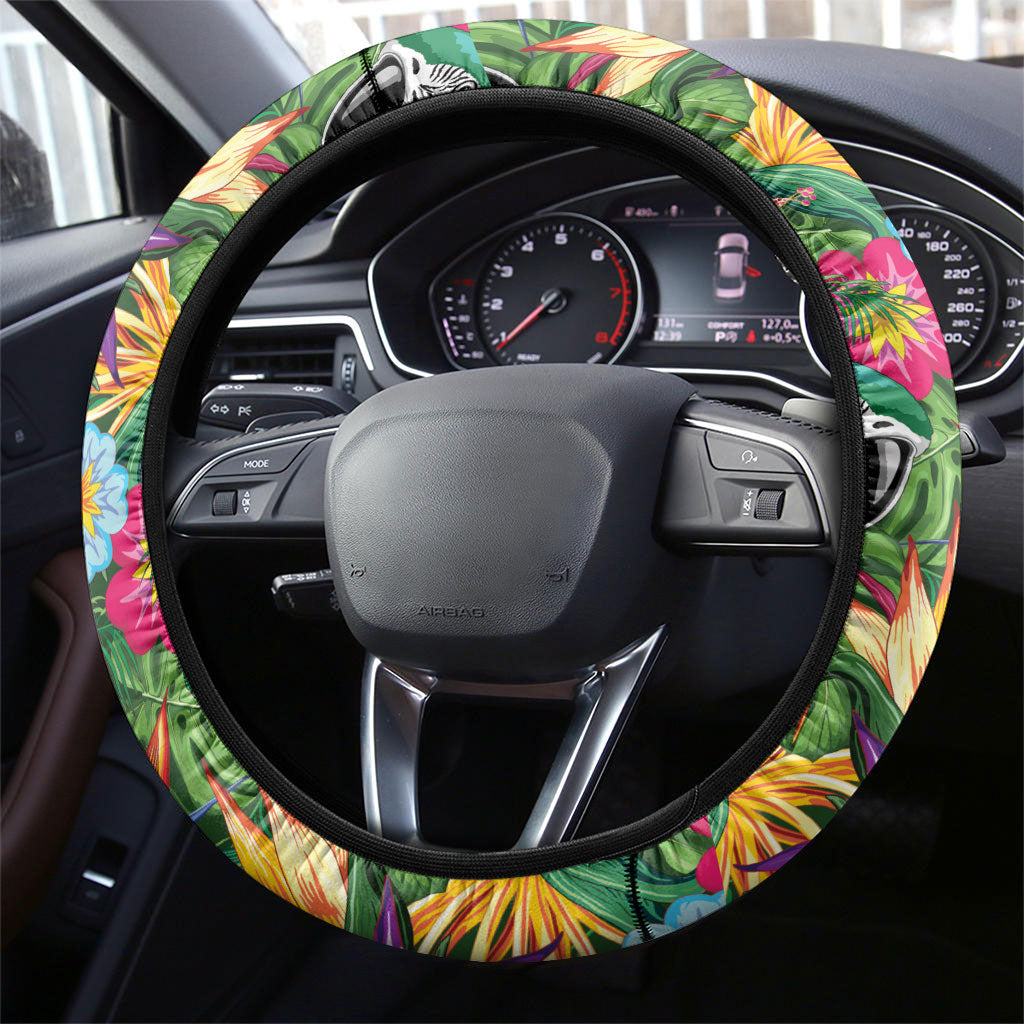 Macaw Parrot Brazil Steering Wheel Cover Maracas Seamless Tropical Flowers