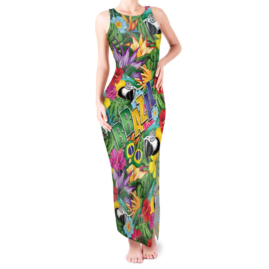 Macaw Parrot Brazil Tank Maxi Dress Maracas Seamless Tropical Flowers