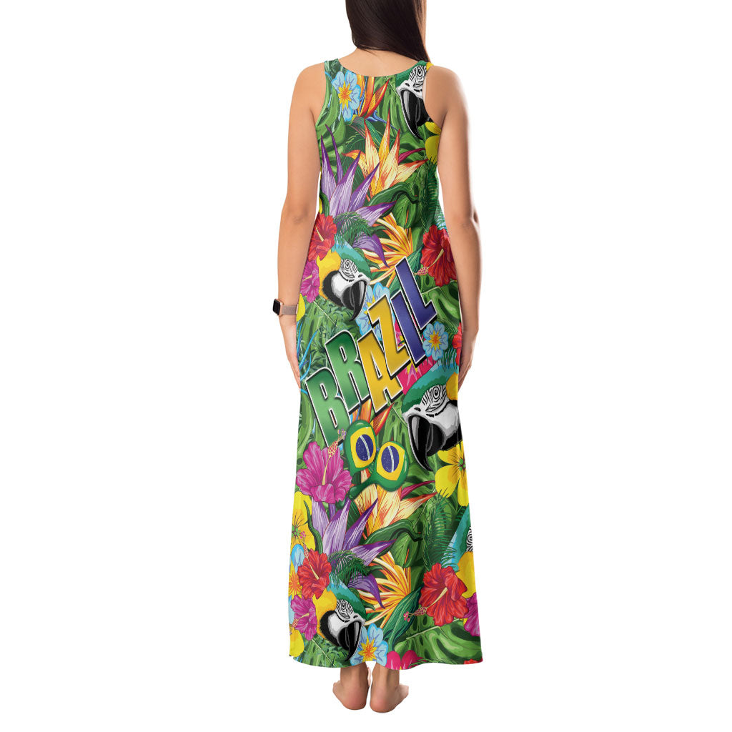 Macaw Parrot Brazil Tank Maxi Dress Maracas Seamless Tropical Flowers