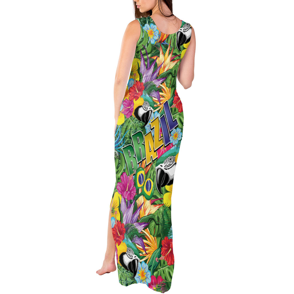 Macaw Parrot Brazil Tank Maxi Dress Maracas Seamless Tropical Flowers
