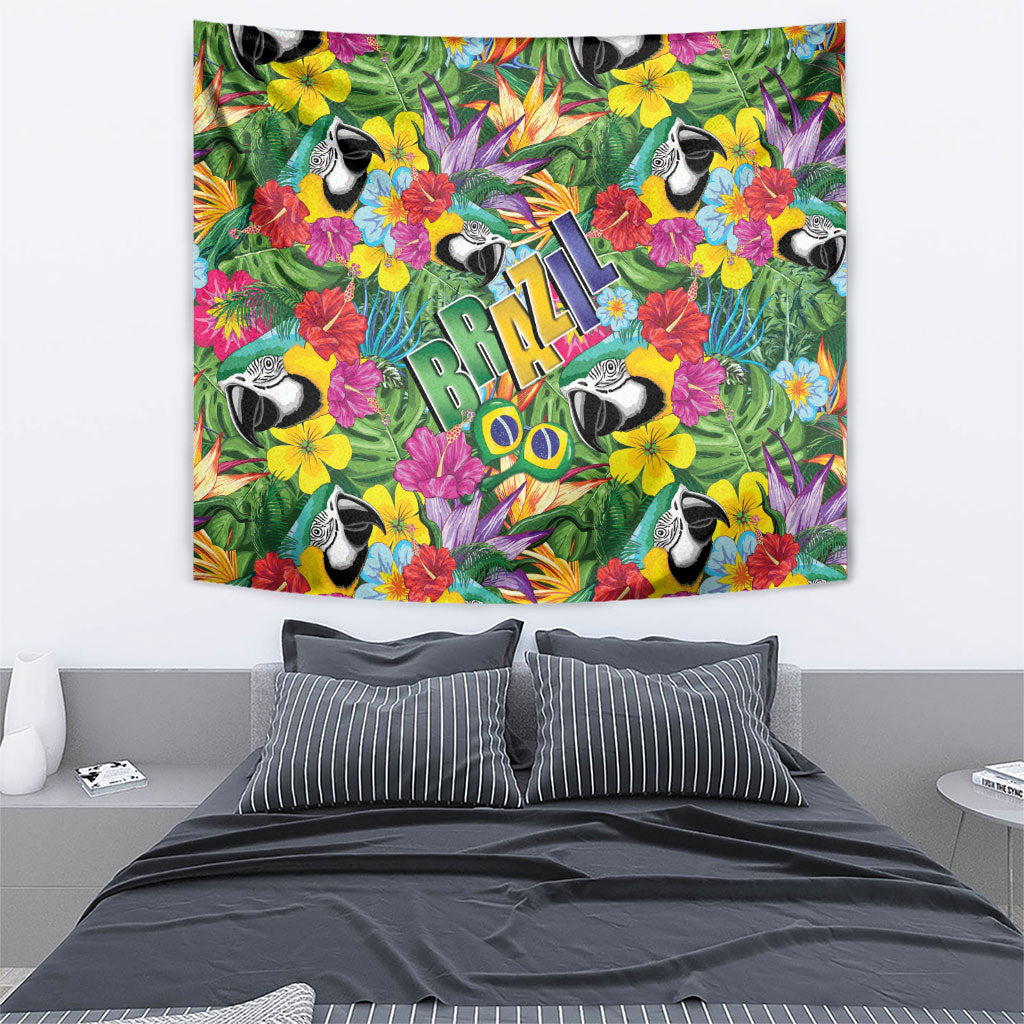 Macaw Parrot Brazil Tapestry Maracas Seamless Tropical Flowers