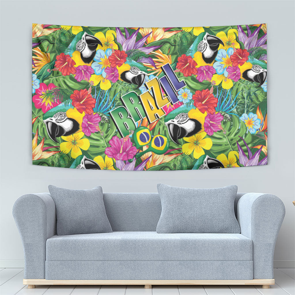 Macaw Parrot Brazil Tapestry Maracas Seamless Tropical Flowers