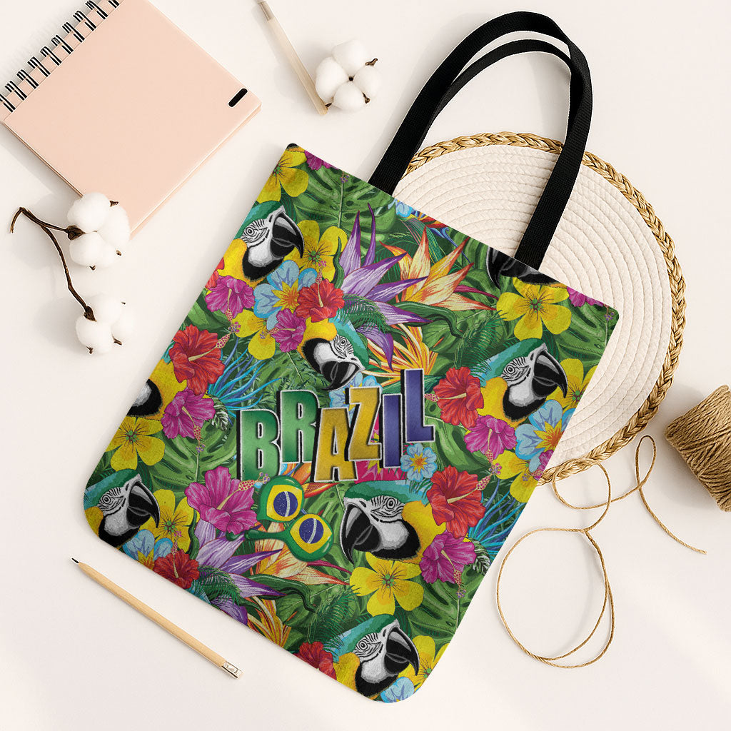 Macaw Parrot Brazil Tote Bag Maracas Seamless Tropical Flowers
