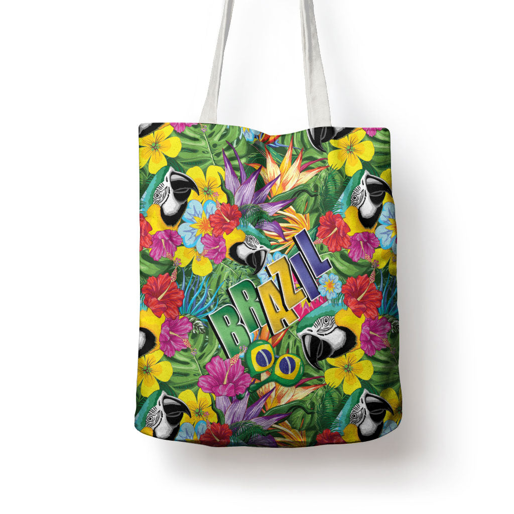 Macaw Parrot Brazil Tote Bag Maracas Seamless Tropical Flowers