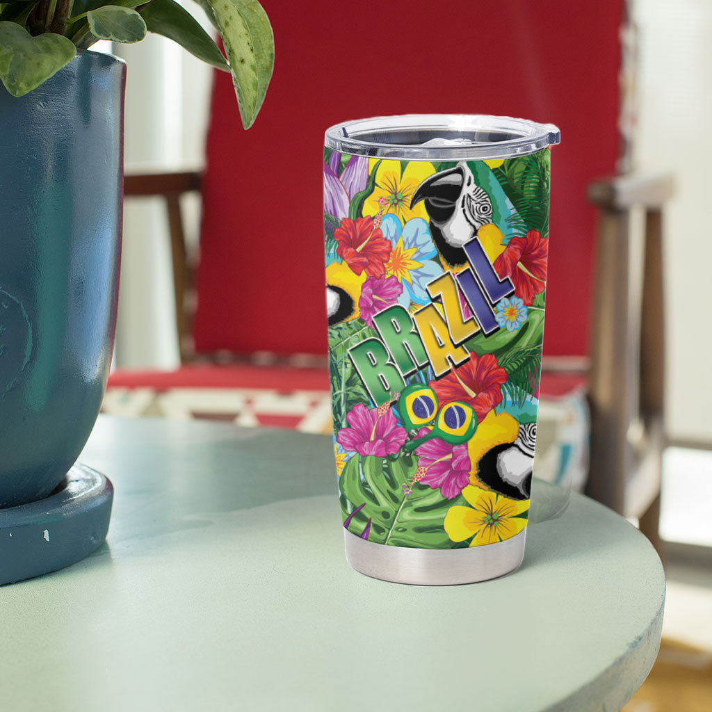 Macaw Parrot Brazil Tumbler Cup Maracas Seamless Tropical Flowers