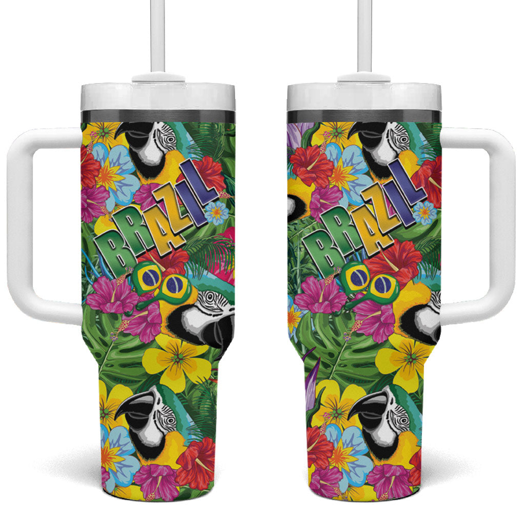 Macaw Parrot Brazil Tumbler With Handle Maracas Seamless Tropical Flowers