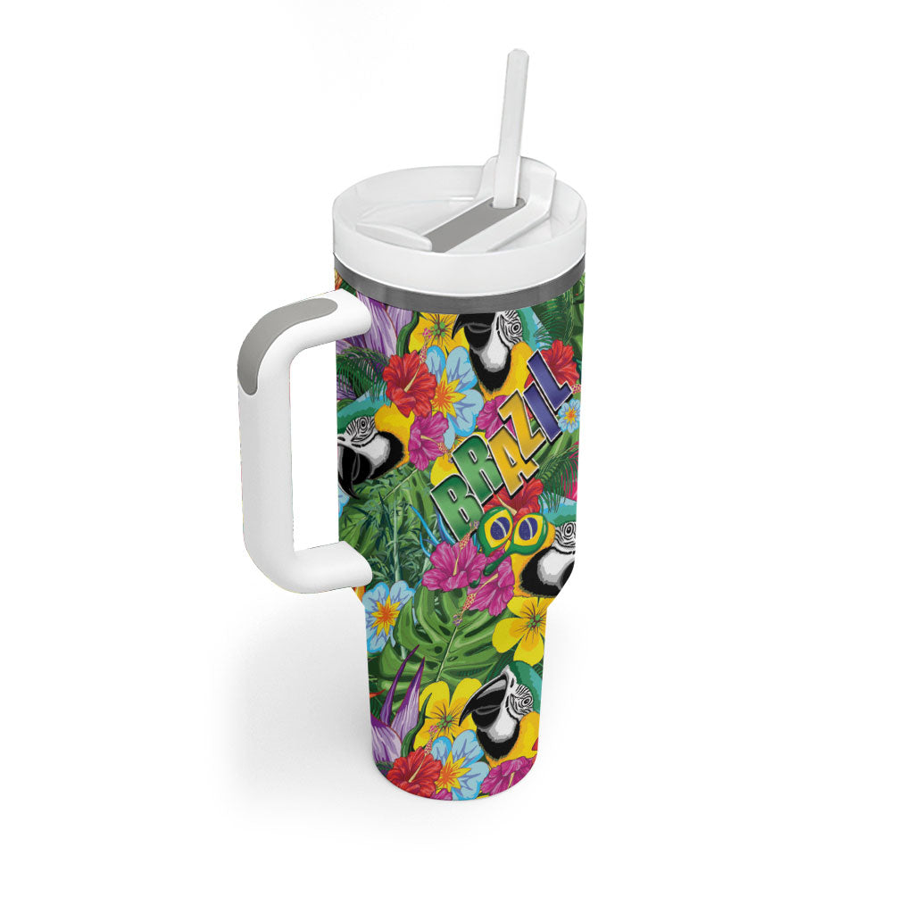 Macaw Parrot Brazil Tumbler With Handle Maracas Seamless Tropical Flowers