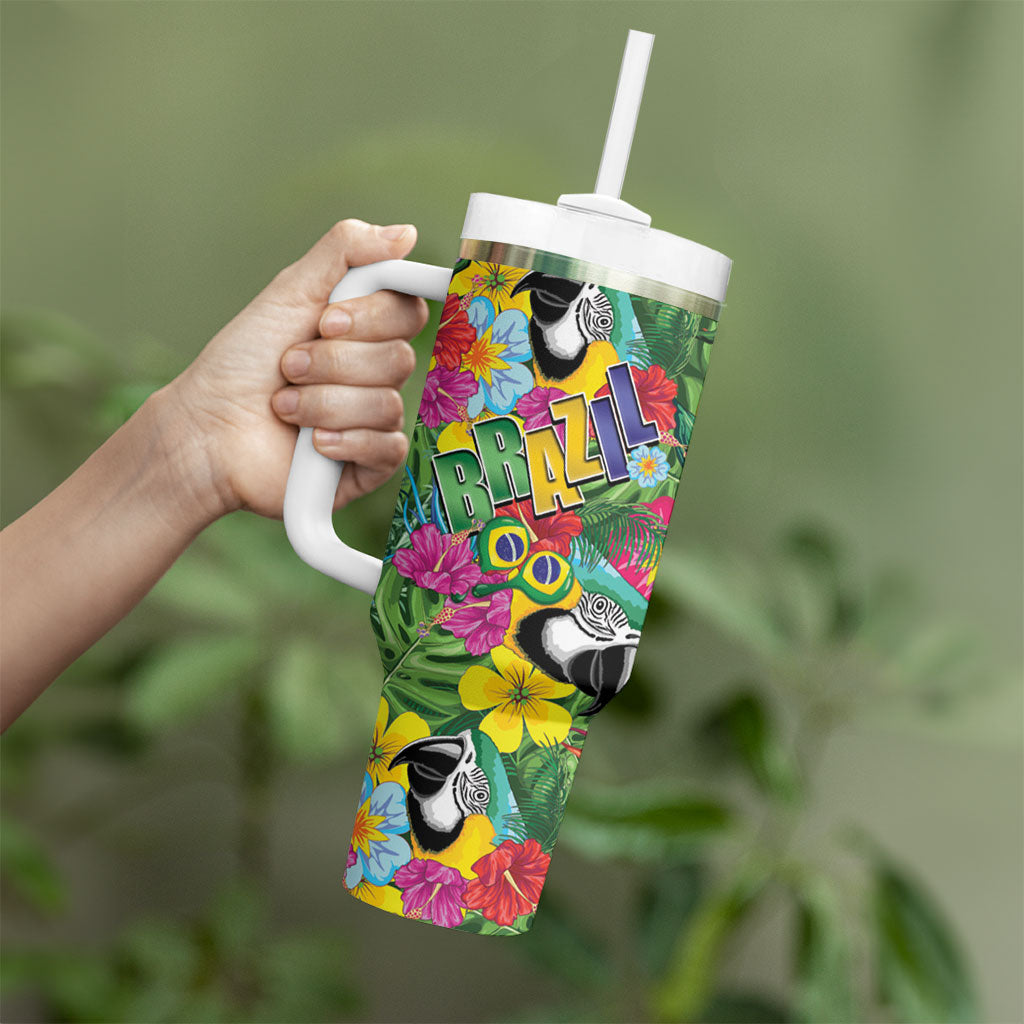 Macaw Parrot Brazil Tumbler With Handle Maracas Seamless Tropical Flowers