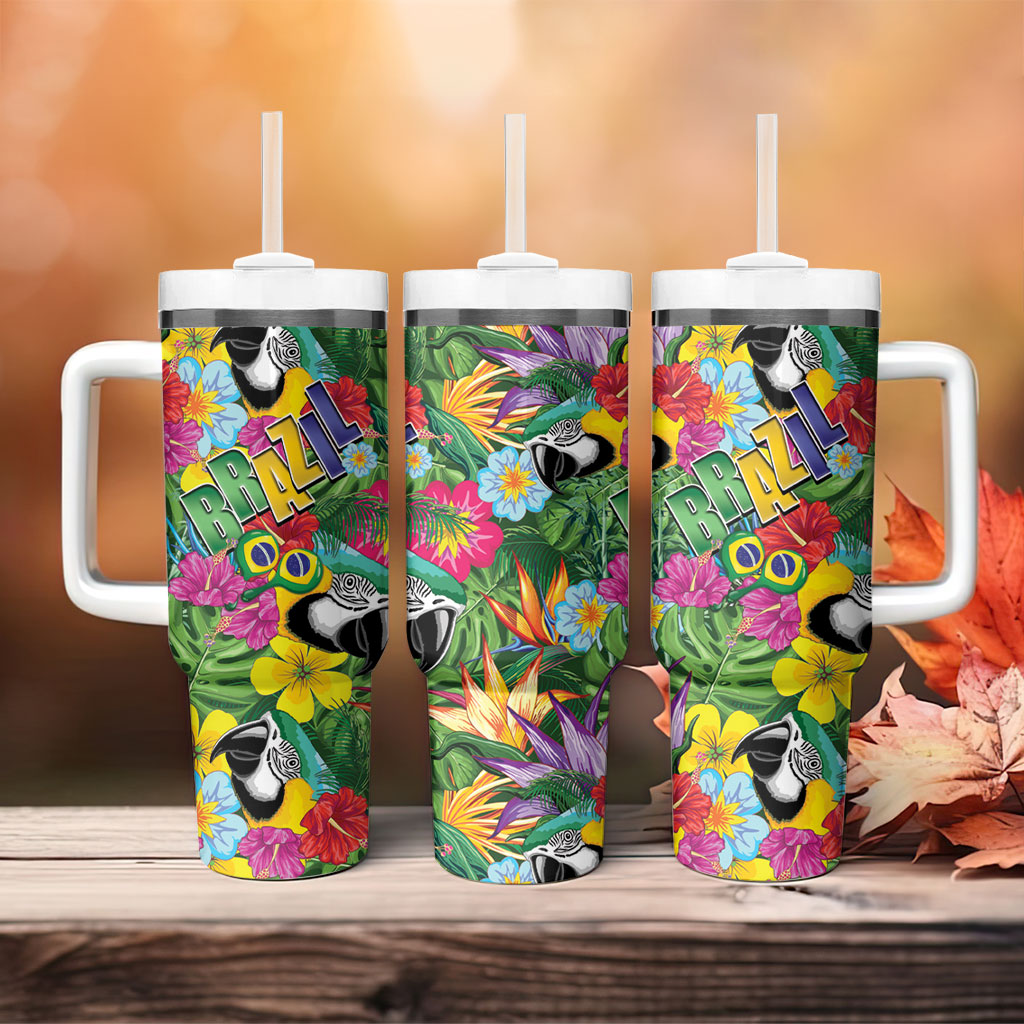 Macaw Parrot Brazil Tumbler With Handle Maracas Seamless Tropical Flowers