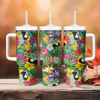 Macaw Parrot Brazil Tumbler With Handle Maracas Seamless Tropical Flowers