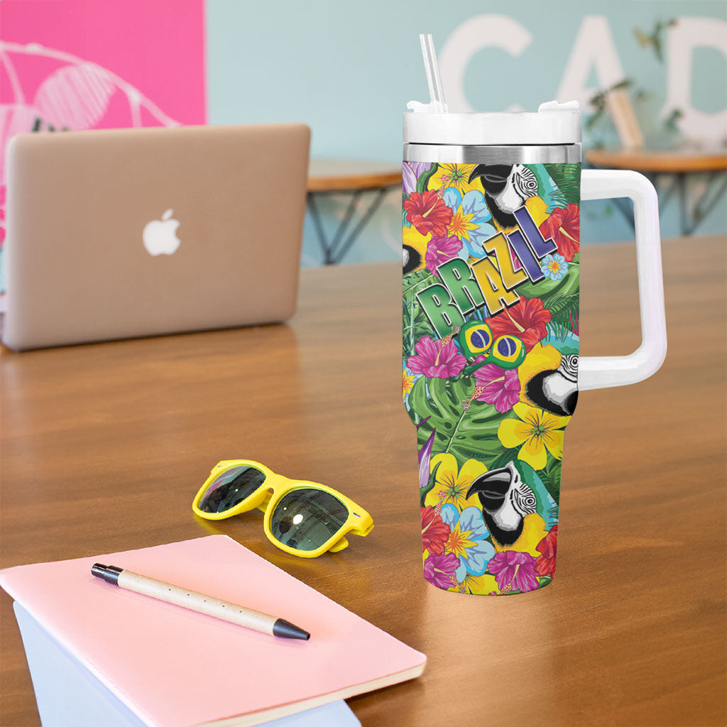 Macaw Parrot Brazil Tumbler With Handle Maracas Seamless Tropical Flowers