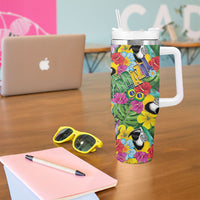 Macaw Parrot Brazil Tumbler With Handle Maracas Seamless Tropical Flowers