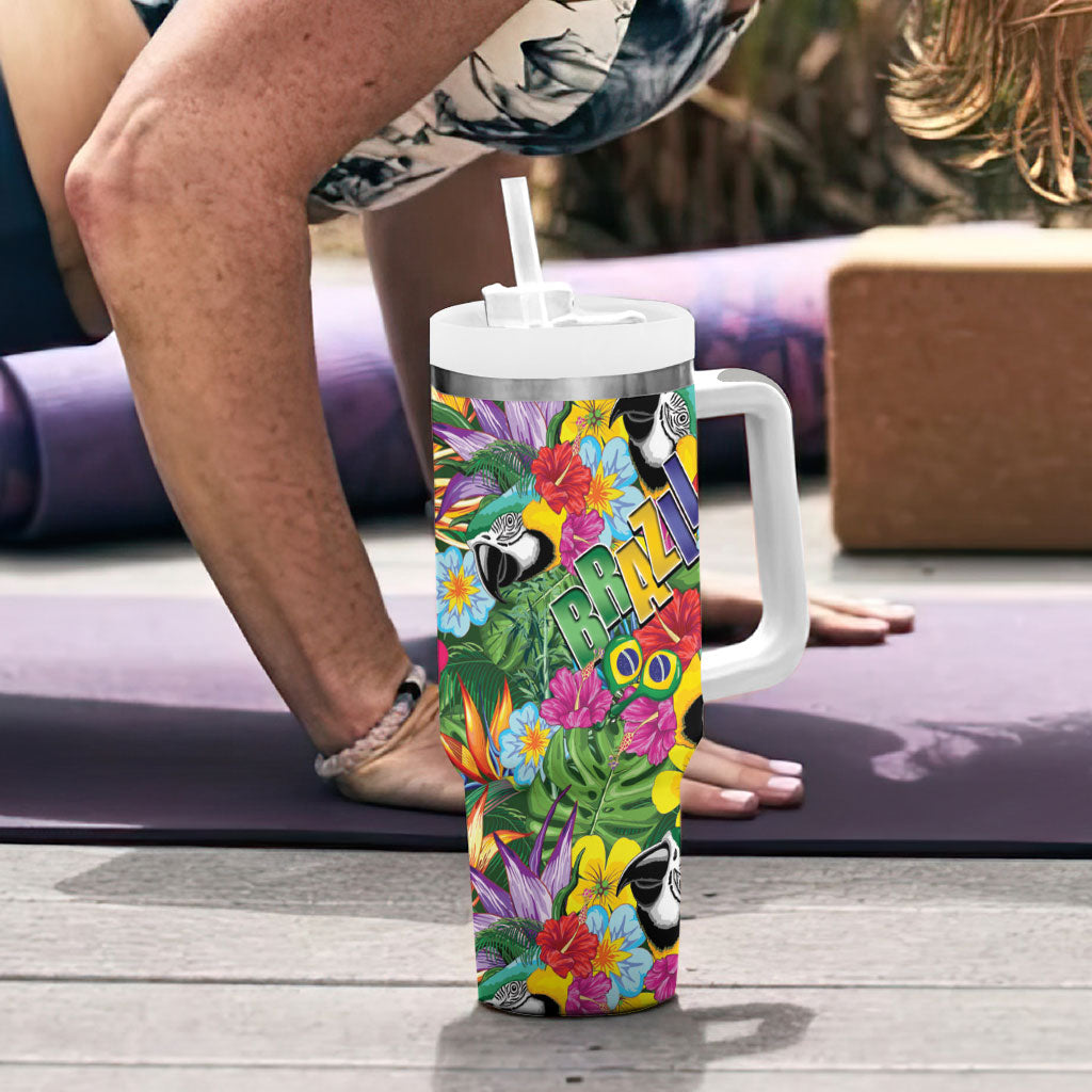 Macaw Parrot Brazil Tumbler With Handle Maracas Seamless Tropical Flowers