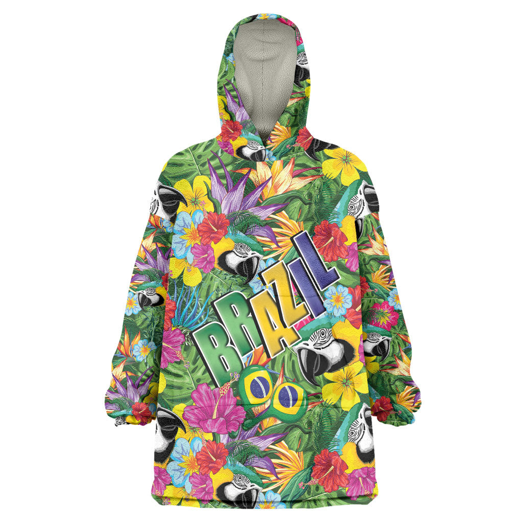 Macaw Parrot Brazil Wearable Blanket Hoodie Maracas Seamless Tropical Flowers