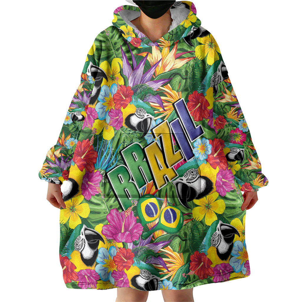 Macaw Parrot Brazil Wearable Blanket Hoodie Maracas Seamless Tropical Flowers