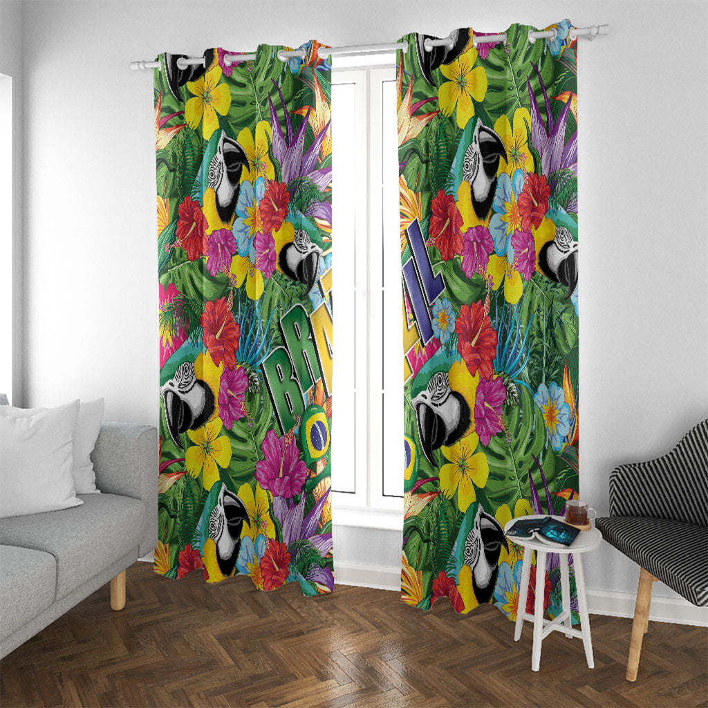 Macaw Parrot Brazil Window Curtain Maracas Seamless Tropical Flowers
