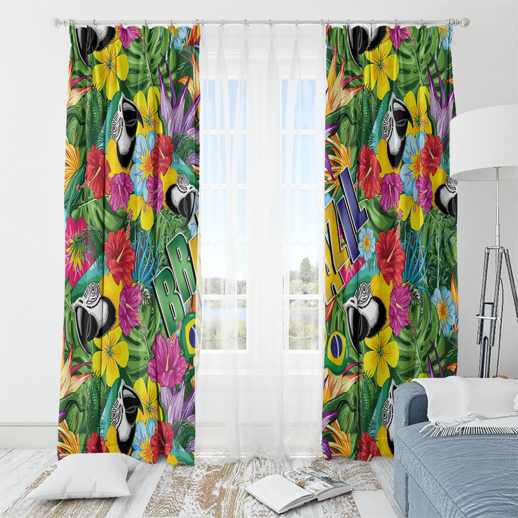 Macaw Parrot Brazil Window Curtain Maracas Seamless Tropical Flowers