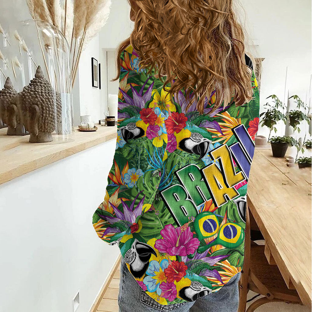 Macaw Parrot Brazil Women Casual Shirt Maracas Seamless Tropical Flowers