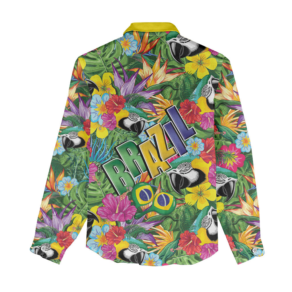Macaw Parrot Brazil Women Casual Shirt Maracas Seamless Tropical Flowers