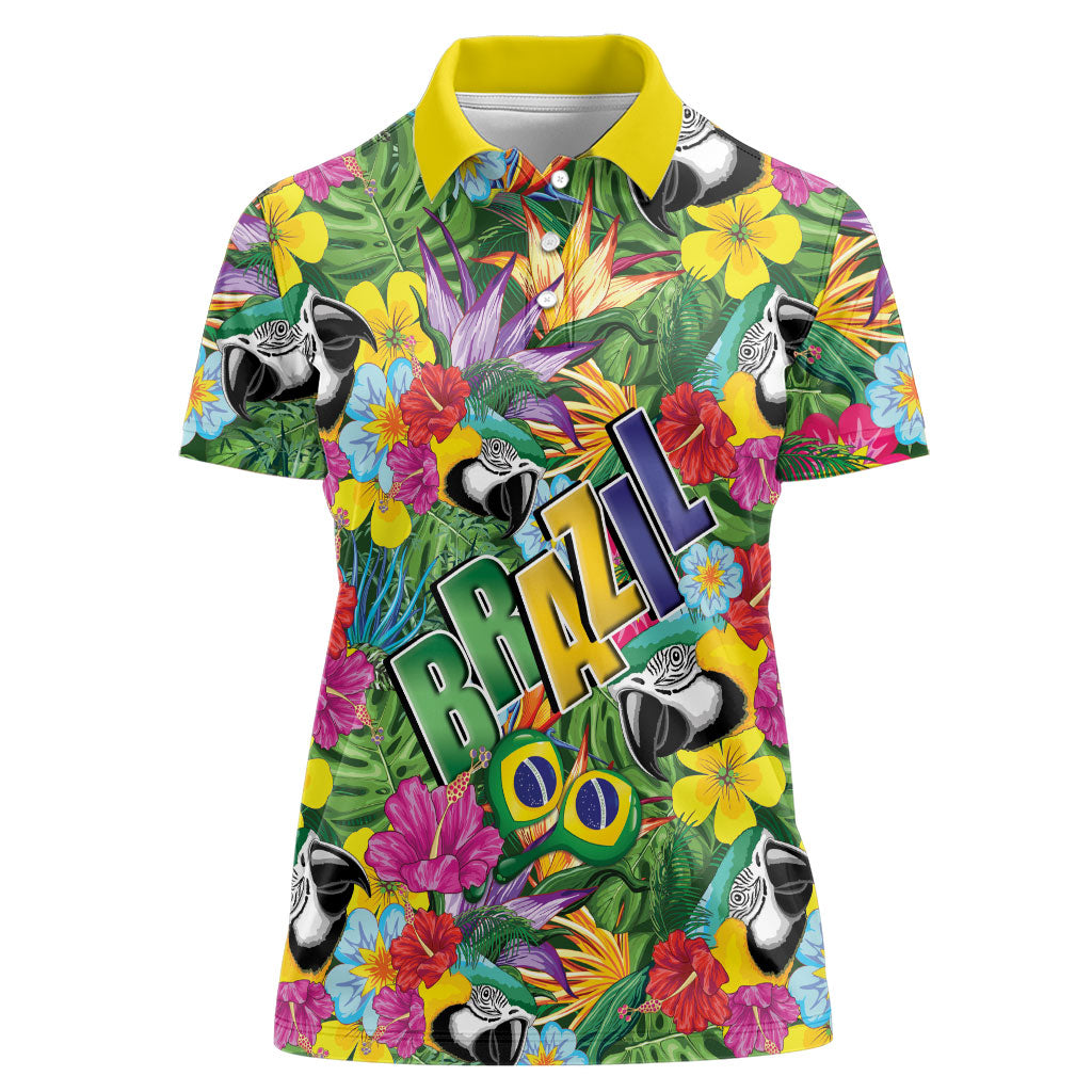 Macaw Parrot Brazil Women Polo Shirt Maracas Seamless Tropical Flowers