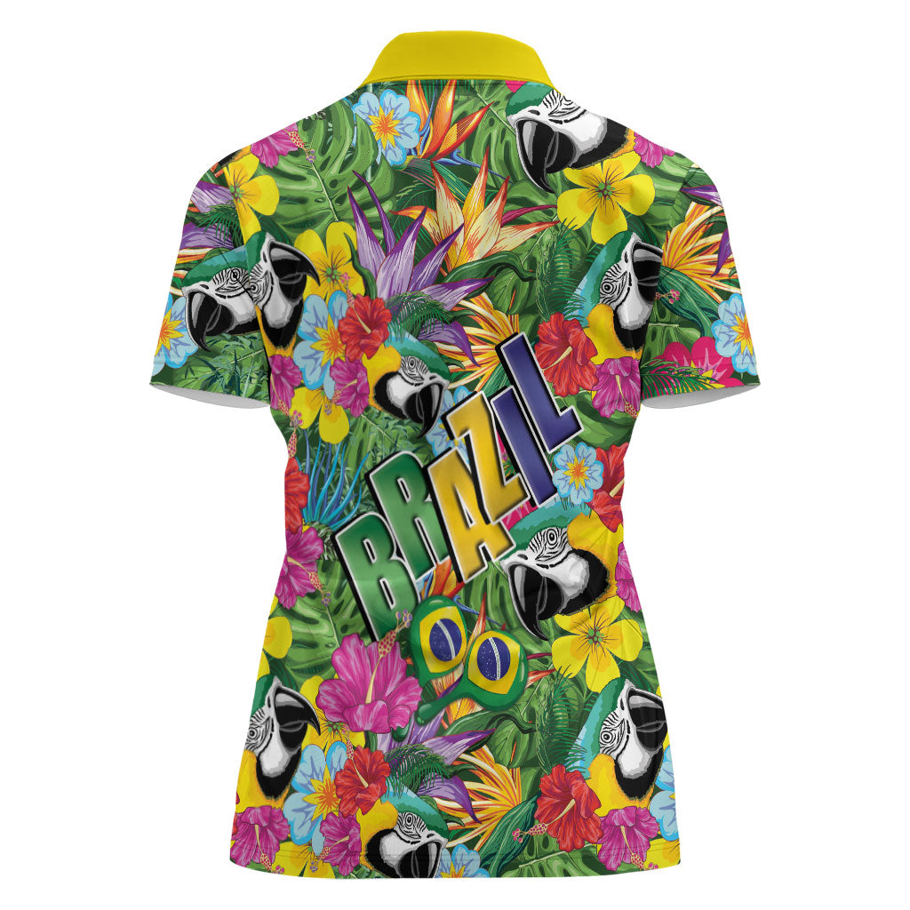 Macaw Parrot Brazil Women Polo Shirt Maracas Seamless Tropical Flowers