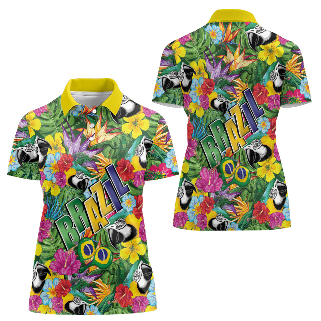 Macaw Parrot Brazil Women Polo Shirt Maracas Seamless Tropical Flowers