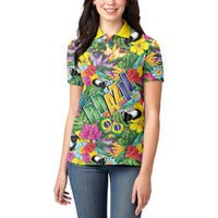 Macaw Parrot Brazil Women Polo Shirt Maracas Seamless Tropical Flowers