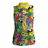 Macaw Parrot Brazil Women Sleeveless Polo Shirt Maracas Seamless Tropical Flowers