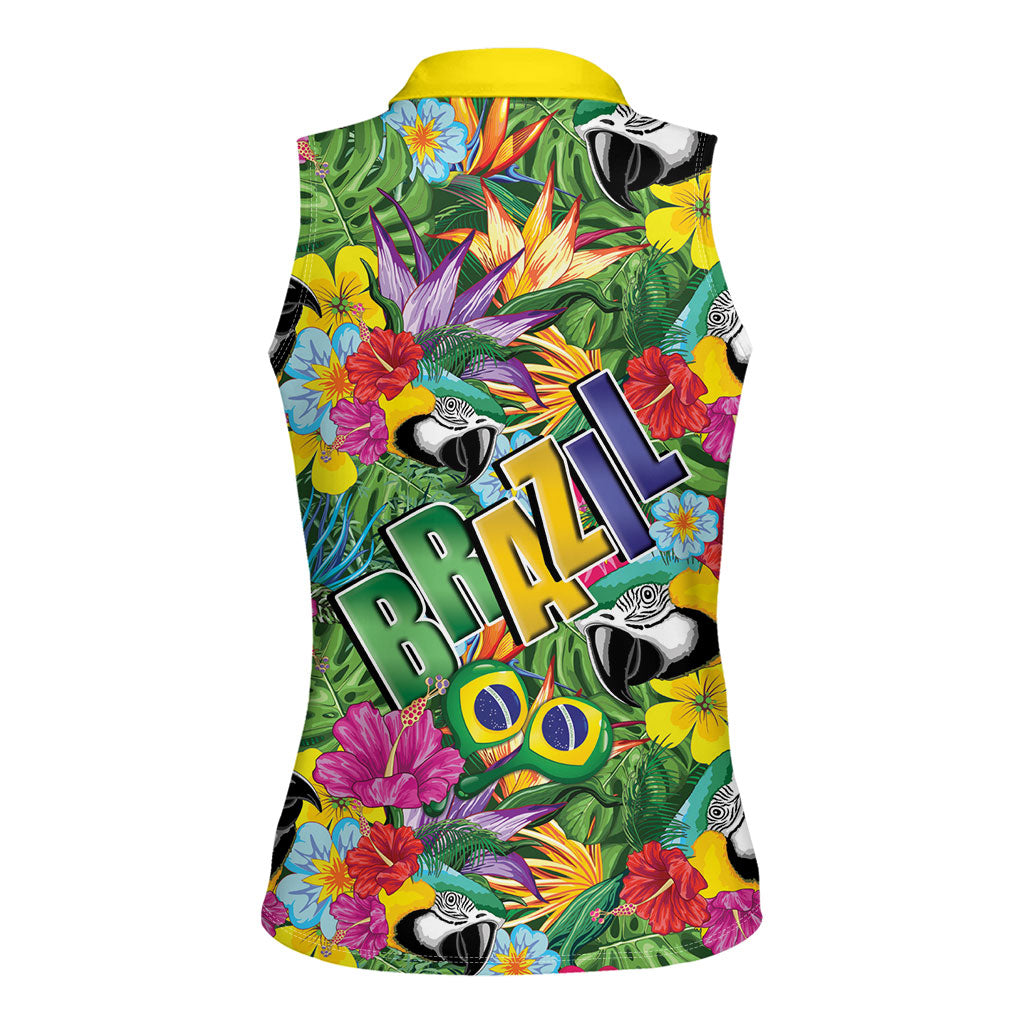 Macaw Parrot Brazil Women Sleeveless Polo Shirt Maracas Seamless Tropical Flowers