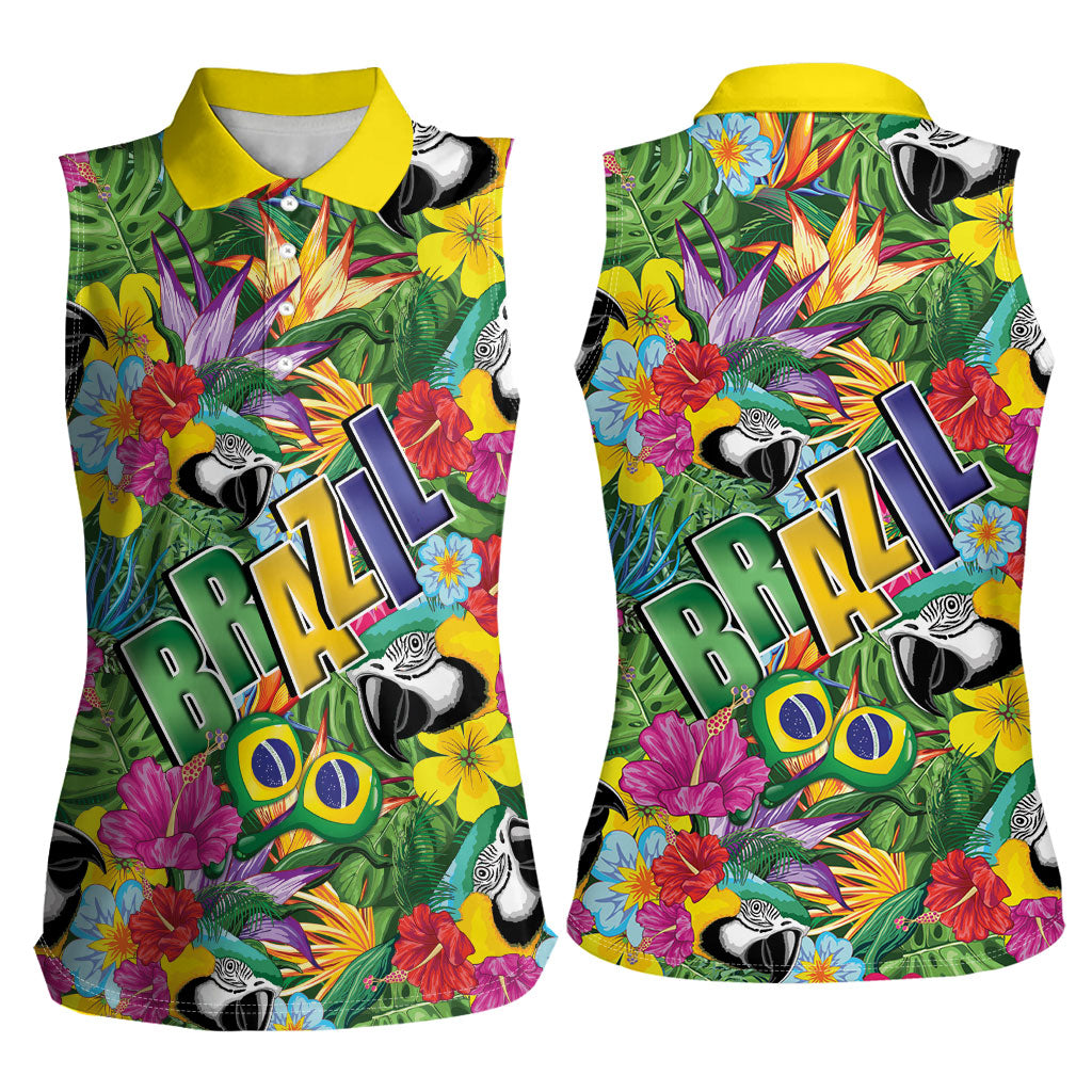 Macaw Parrot Brazil Women Sleeveless Polo Shirt Maracas Seamless Tropical Flowers