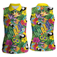 Macaw Parrot Brazil Women Sleeveless Polo Shirt Maracas Seamless Tropical Flowers