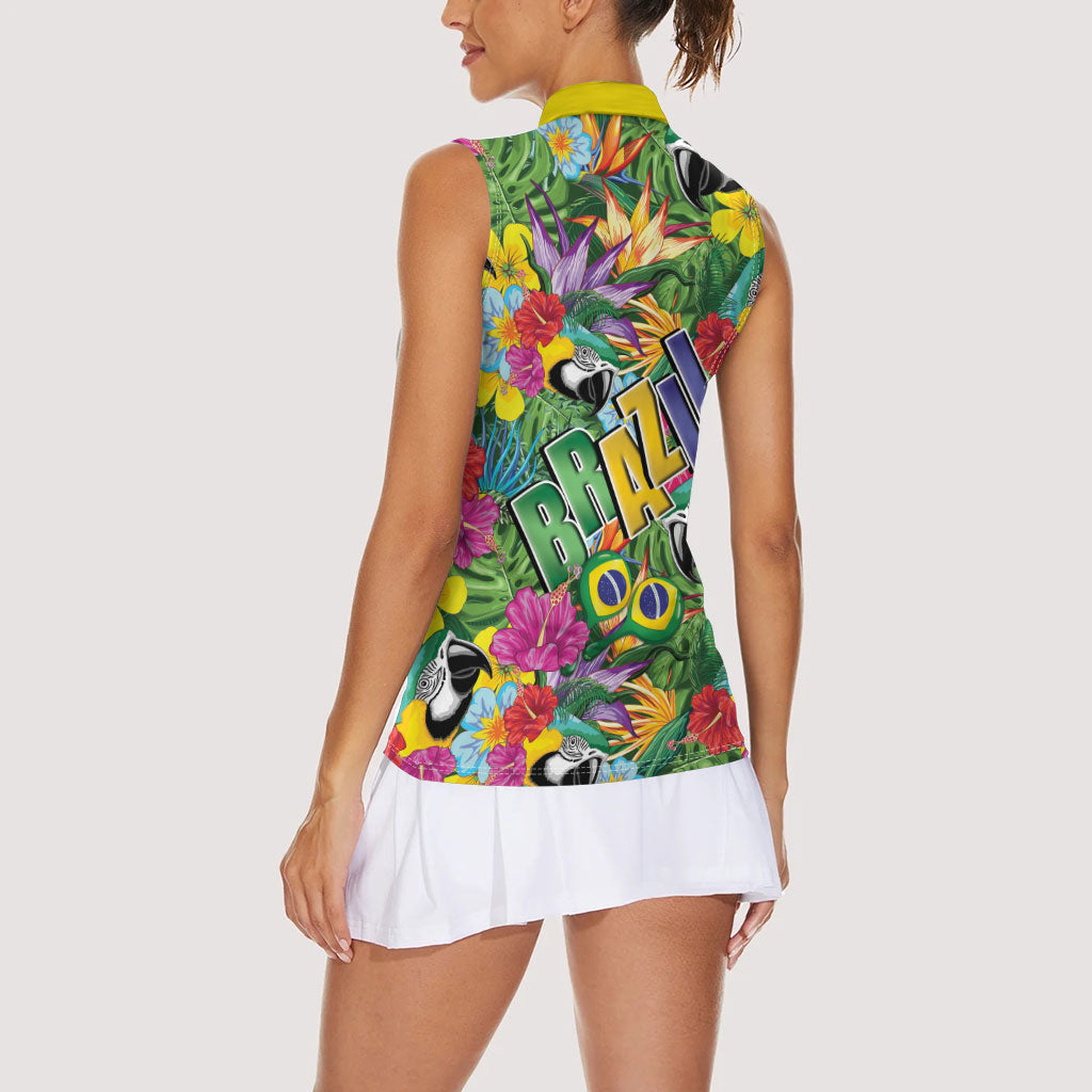 Macaw Parrot Brazil Women Sleeveless Polo Shirt Maracas Seamless Tropical Flowers