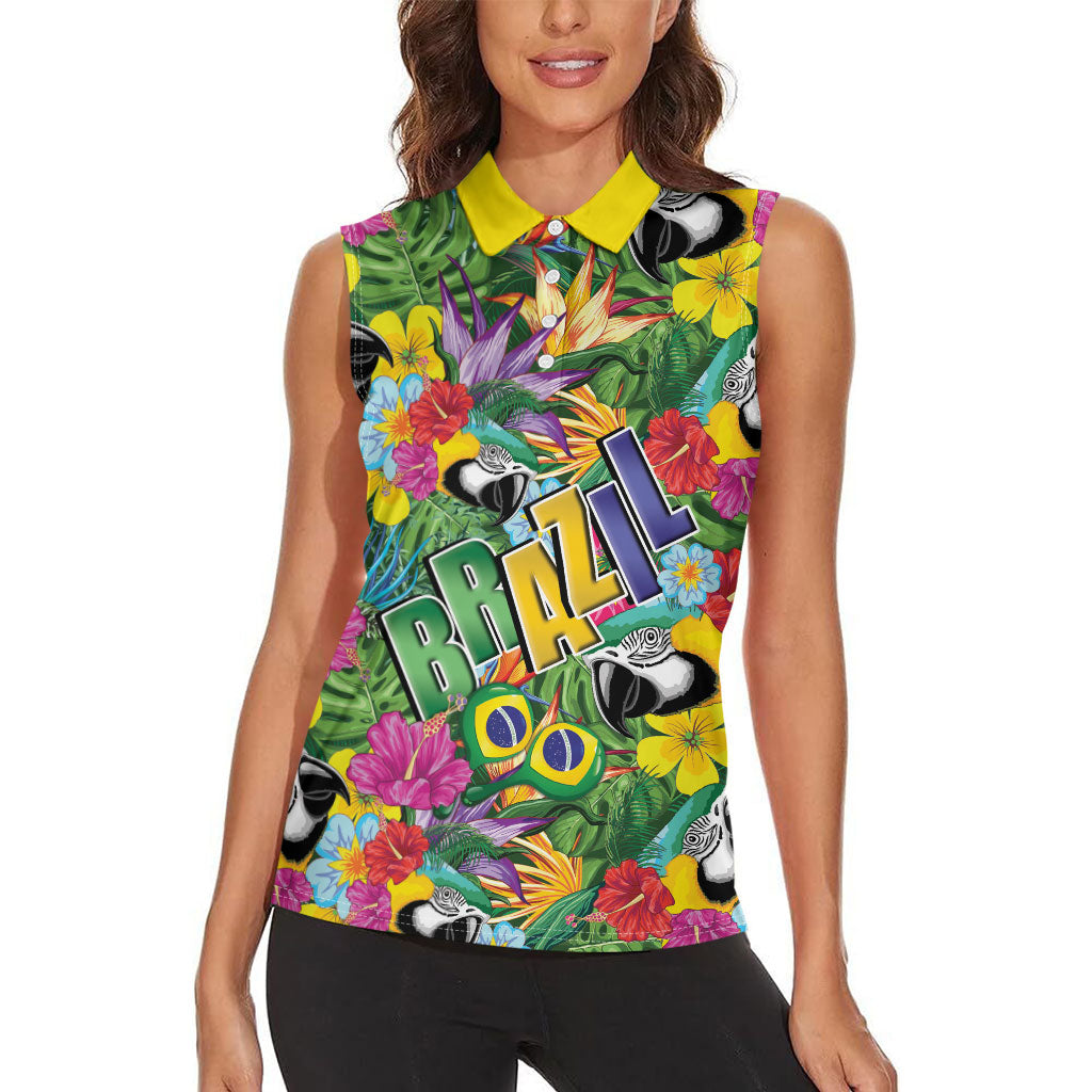 Macaw Parrot Brazil Women Sleeveless Polo Shirt Maracas Seamless Tropical Flowers