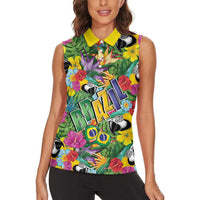 Macaw Parrot Brazil Women Sleeveless Polo Shirt Maracas Seamless Tropical Flowers