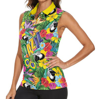 Macaw Parrot Brazil Women Sleeveless Polo Shirt Maracas Seamless Tropical Flowers