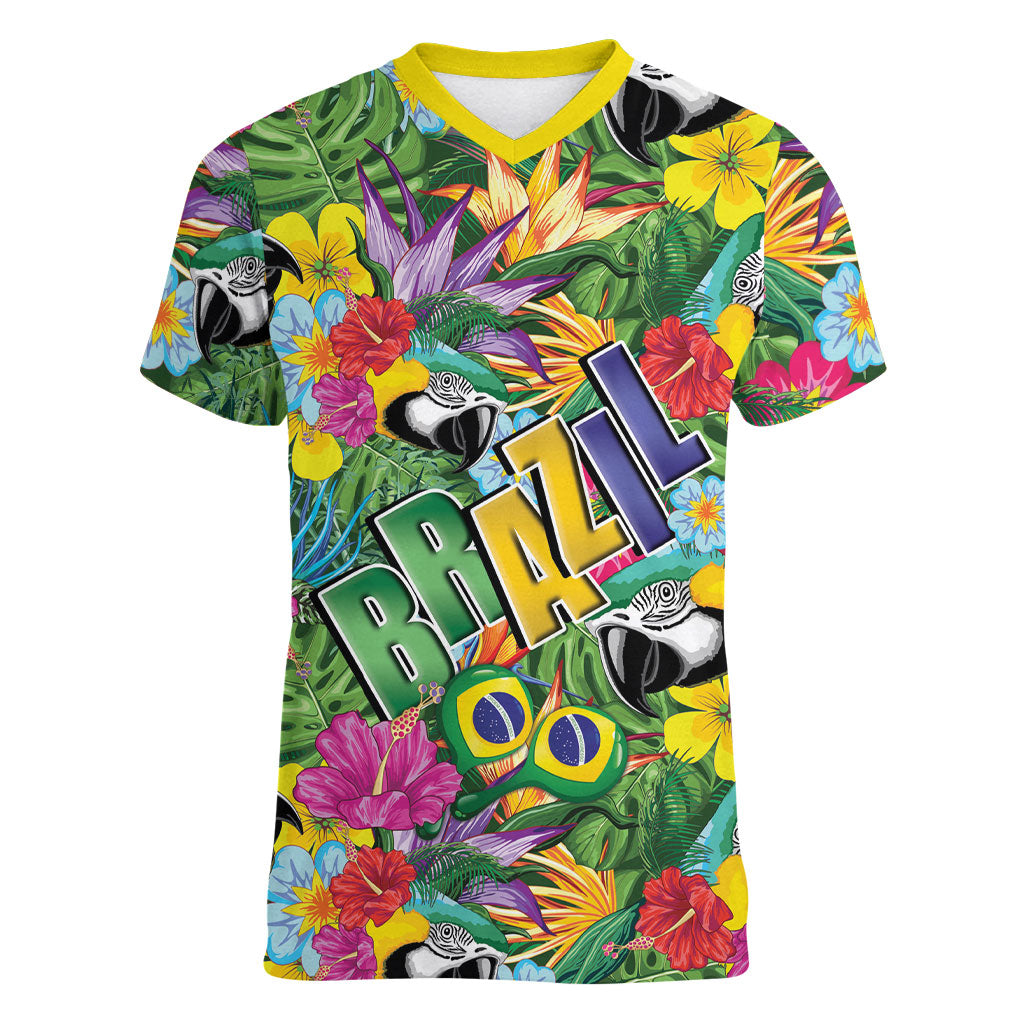 Macaw Parrot Brazil Women V-Neck T-Shirt Maracas Seamless Tropical Flowers