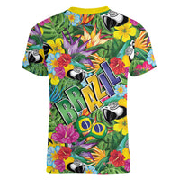 Macaw Parrot Brazil Women V-Neck T-Shirt Maracas Seamless Tropical Flowers