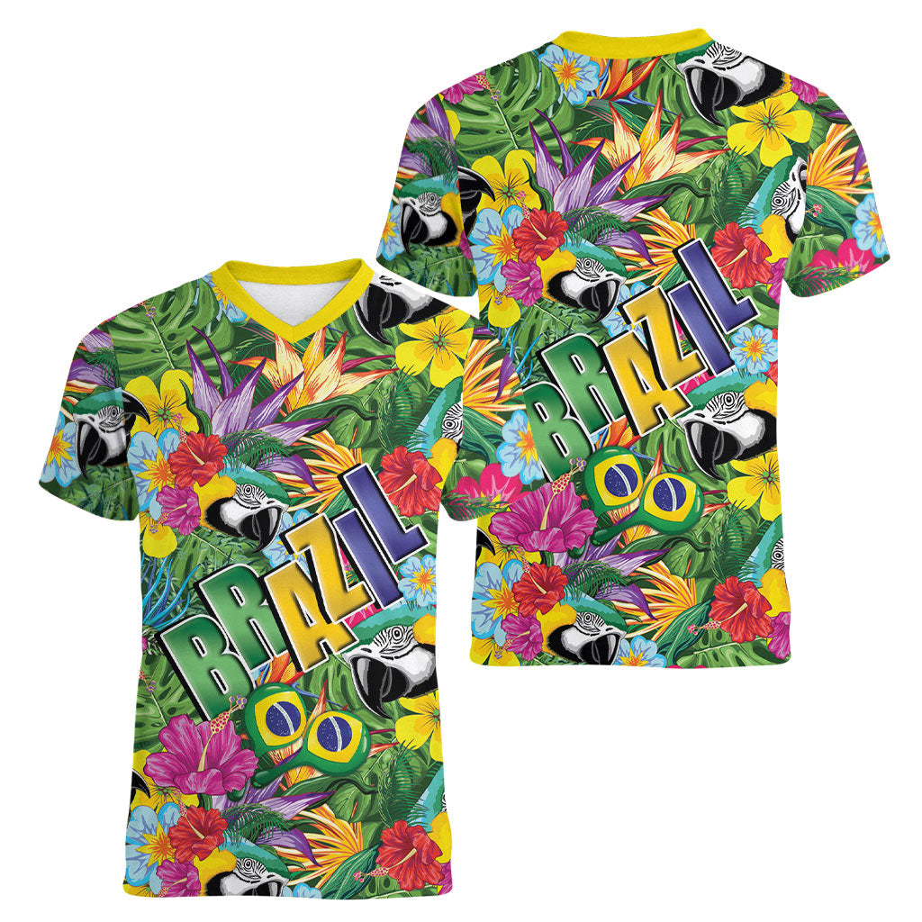 Macaw Parrot Brazil Women V-Neck T-Shirt Maracas Seamless Tropical Flowers