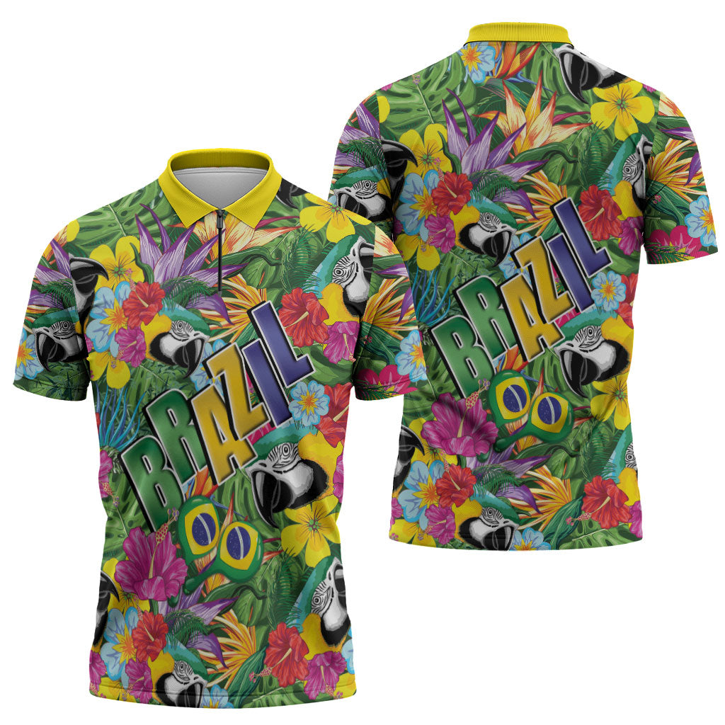Macaw Parrot Brazil Zipper Polo Shirt Maracas Seamless Tropical Flowers