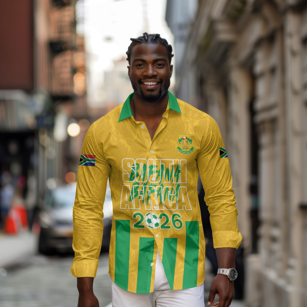 South Africa Soccer 2026 Custom Long Sleeve Button Shirt Bafana Bafana Kaofela Protea Yellow