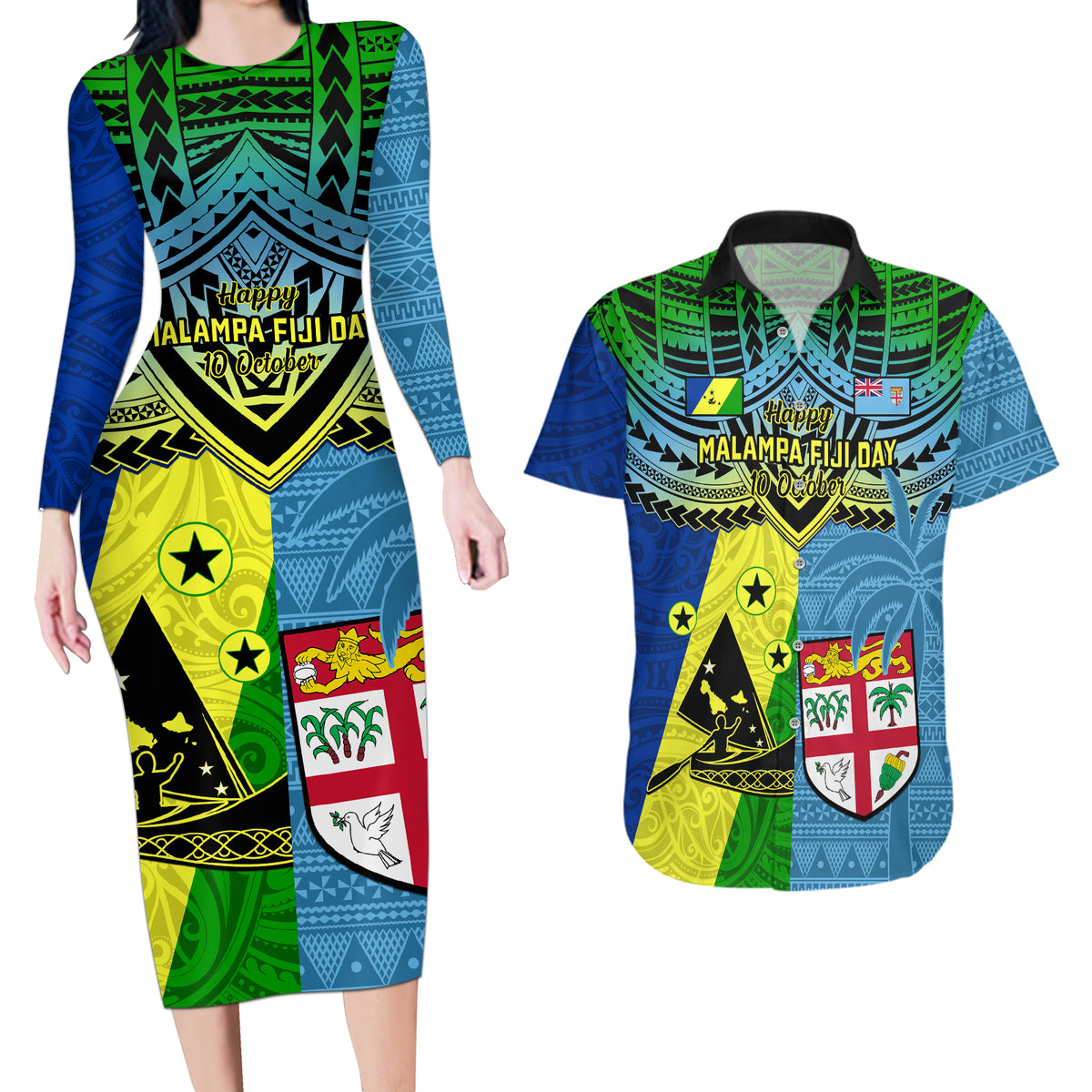 Malampa Fiji Day Couples Matching Long Sleeve Bodycon Dress and Hawaiian Shirt Together We Grow Proud Polynesian Tapa Artsy - Wonder Print Shop