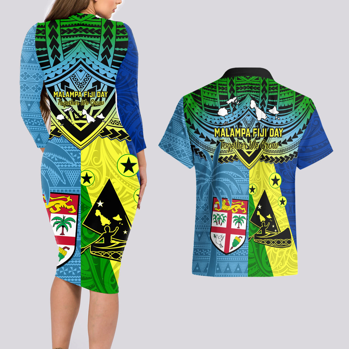 Malampa Fiji Day Couples Matching Long Sleeve Bodycon Dress and Hawaiian Shirt Together We Grow Proud Polynesian Tapa Artsy - Wonder Print Shop