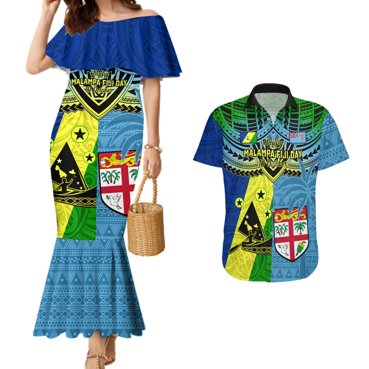 Malampa Fiji Day Couples Matching Mermaid Dress And Hawaiian Shirt Together We Grow Proud Polynesian Tapa Artsy - Wonder Print Shop