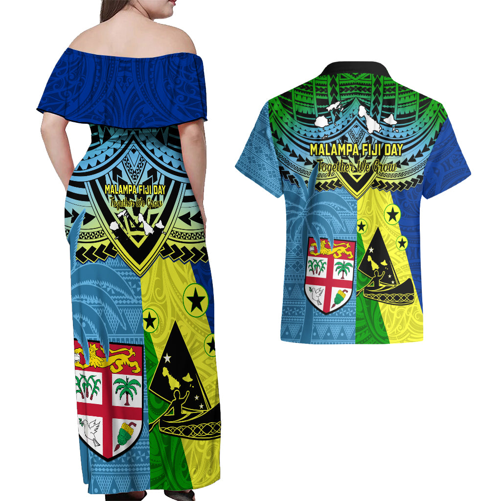 Malampa Fiji Day Couples Matching Off Shoulder Maxi Dress and Hawaiian Shirt Together We Grow Proud Polynesian Tapa Artsy - Wonder Print Shop
