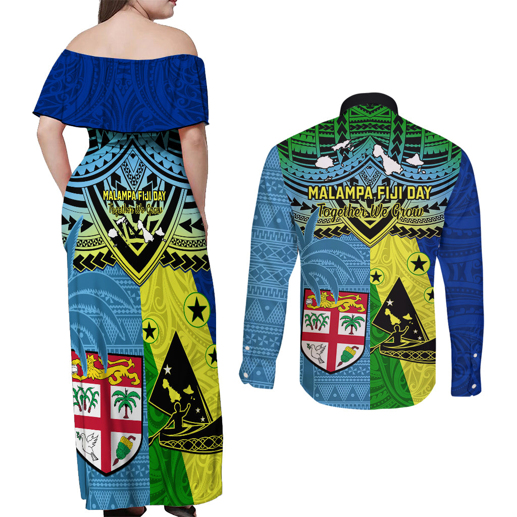 Malampa Fiji Day Couples Matching Off Shoulder Maxi Dress and Long Sleeve Button Shirts Together We Grow Proud Polynesian Tapa Artsy - Wonder Print Shop
