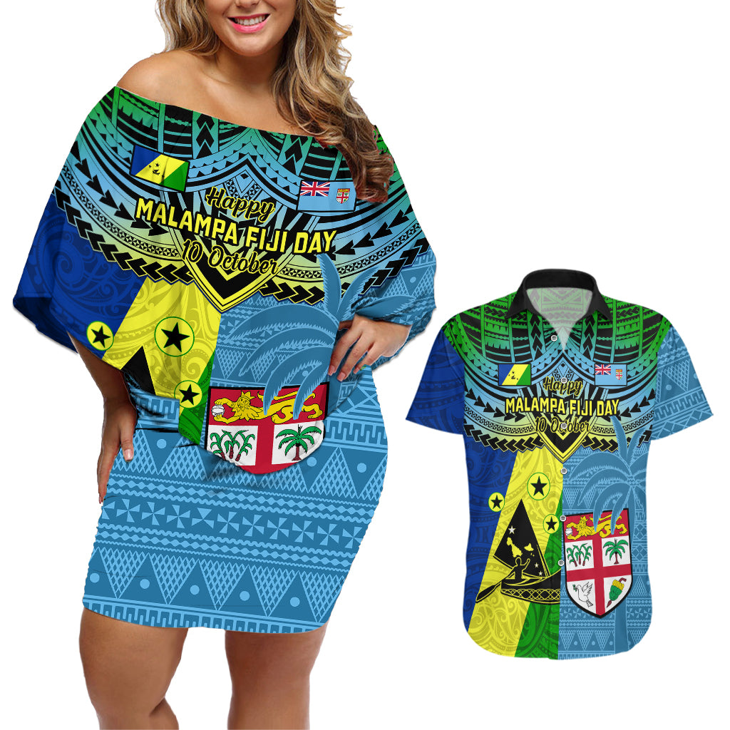 Malampa Fiji Day Couples Matching Off Shoulder Short Dress and Hawaiian Shirt Together We Grow Proud Polynesian Tapa Artsy - Wonder Print Shop
