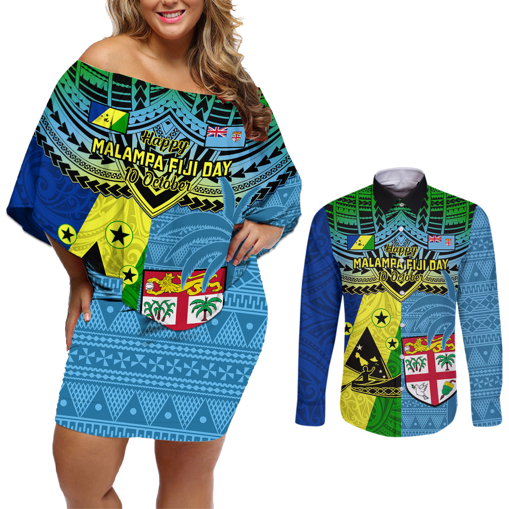 Malampa Fiji Day Couples Matching Off Shoulder Short Dress and Long Sleeve Button Shirts Together We Grow Proud Polynesian Tapa Artsy - Wonder Print Shop
