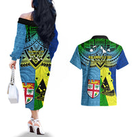 Malampa Fiji Day Couples Matching Off The Shoulder Long Sleeve Dress and Hawaiian Shirt Together We Grow Proud Polynesian Tapa Artsy - Wonder Print Shop
