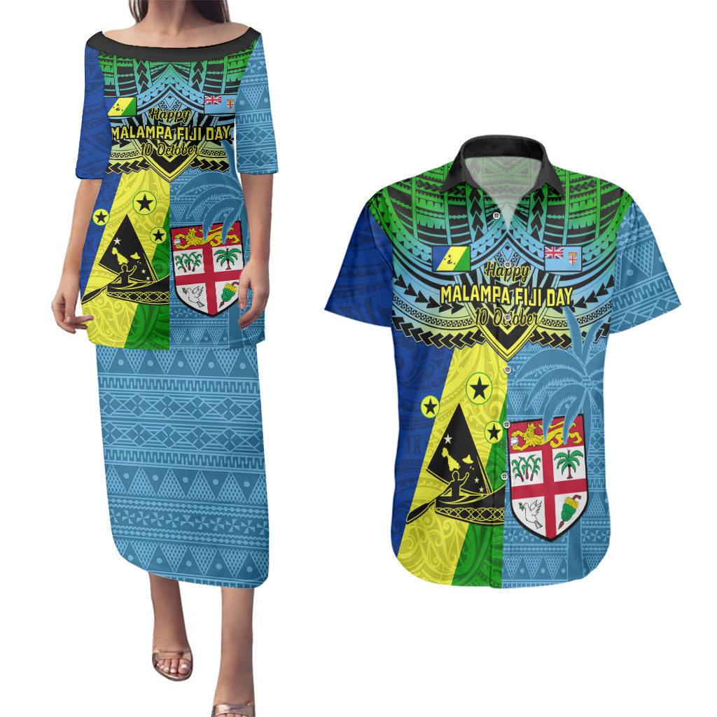 Malampa Fiji Day Couples Matching Puletasi Dress and Hawaiian Shirt Together We Grow Proud Polynesian Tapa Artsy - Wonder Print Shop